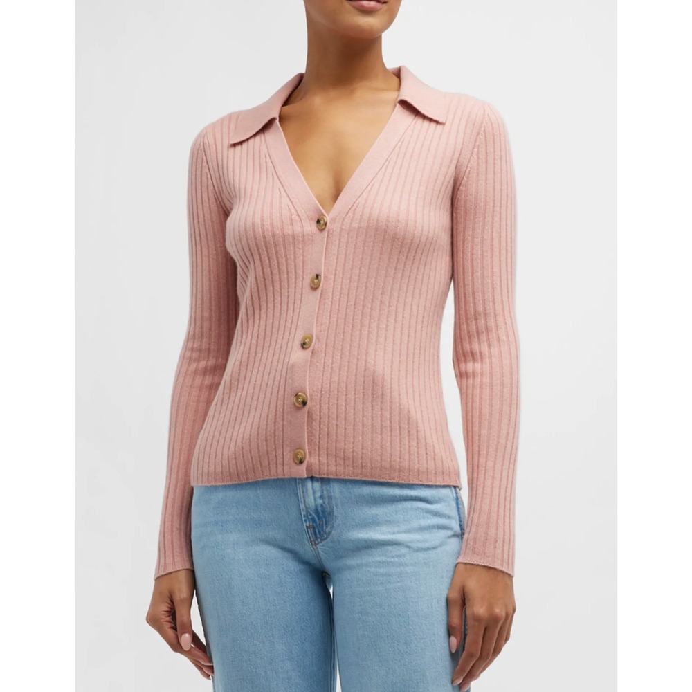 Veronica Beard Cardigan Lazana‎ S Rose Pink Ribbed Cashmere Polo Sweater